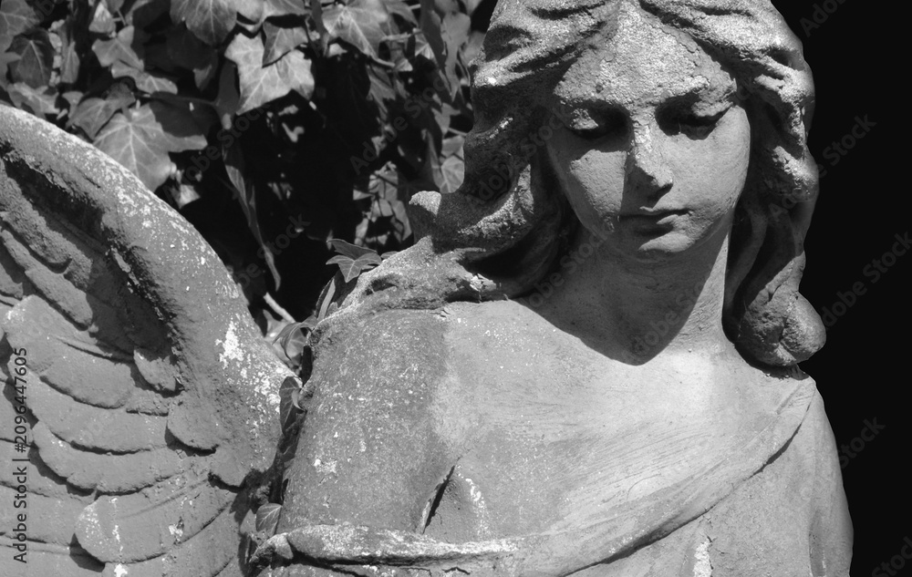 Fototapeta premium Black and white close-up of an ancient cemetery angel statue with lowered gaze and folded wings. A timeless symbol of remembrance, peace, faith, hope, divine protection and eternal love.