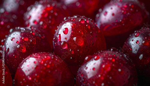 Macro Close-up of Luscious Deep Red Cherries Background Featuring Crystal Clear Water Droplets and Soft Bokeh Depth of Field