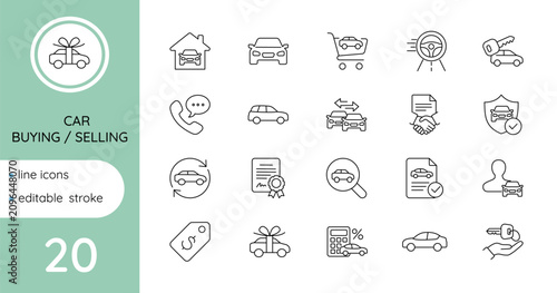 Car buying and selling icon set, linear style, editable stroke
