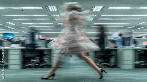 Woman in patterned dress runs through the office with motion blur effect