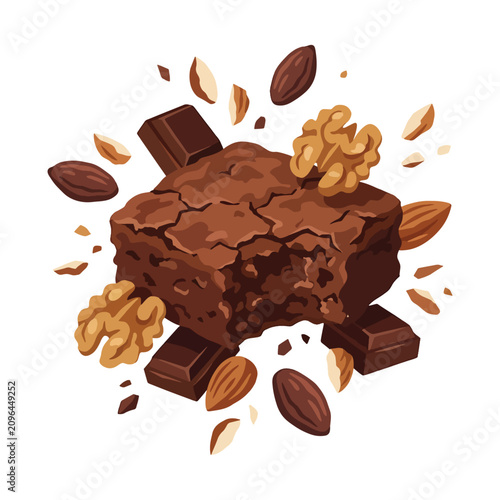 A delicious chocolate brownie surrounded by various nuts and chocolate chunks, isolated on white.