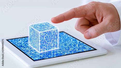 Hand touching digital cube on tablet screen