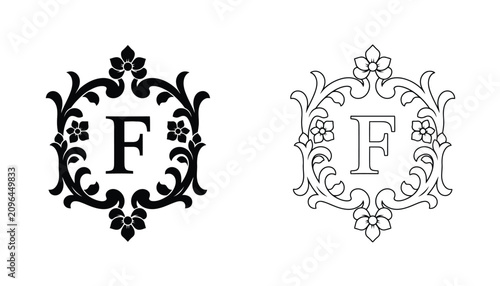 Bild auf Leinwand Initial F Monogram with Ornate Floral Border in Solid Black and Outlined Vector Styles