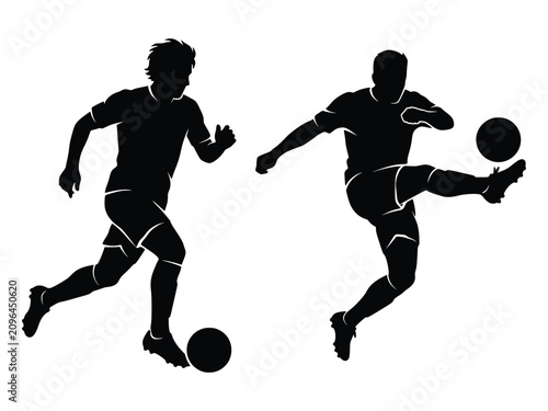 Bild auf Leinwand Soccer player dribbling ball and another kicking it powerfully, dynamic sport action