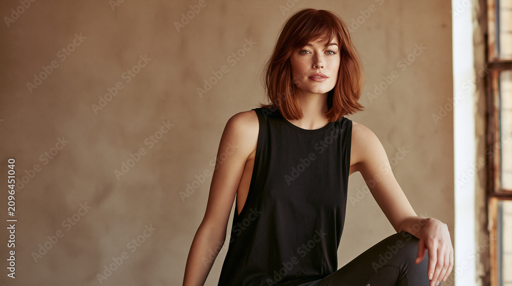 Obraz premium full body fashion woman in midlife with copper blunt lob wearing tank top, stylish mature woman with copper blunt lob in casual tank top, confident midlife woman in tank top 