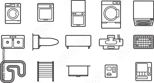 Set of household appliance line icons featuring laundry equipment kitchen fixtures and home utility tools vector illustration