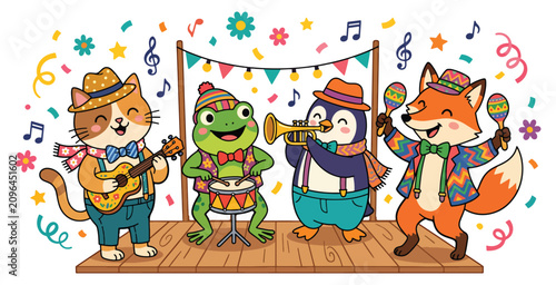 Cheerful animals playing music on wooden stage with festive decorations confetti vector graphic.