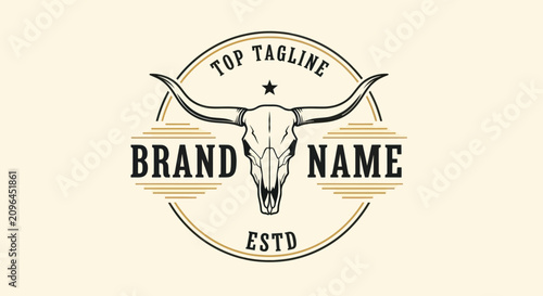 Vintage Western Bull Skull Logo Design with Brand Name and Tagline.