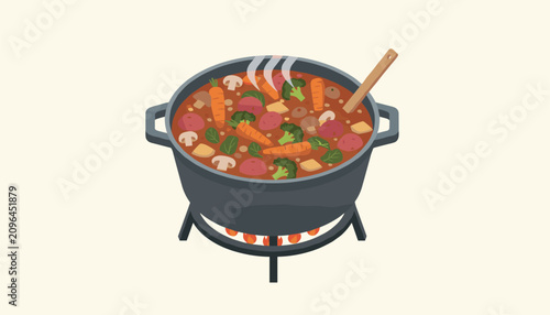 Φωτογραφία Large black pot containing simmering vegetable stew on a gas burner stove as a healthy home cooked meal concept
