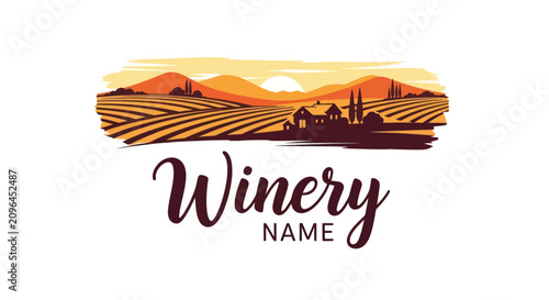 Winery Name Logo with Vineyard Landscape and Sunset.