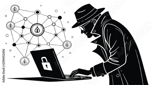 Detective wearing a hat and trench coat uses a laptop to investigate a secure digital network connection containing a locked padlock icon.