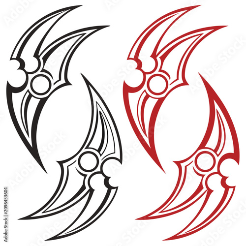 Konstfotografi Abstract circular tribal blade emblems with curved sharp spikes and center focal points vector design elements for unique logo branding or cool sticker art sets in black and red color palette