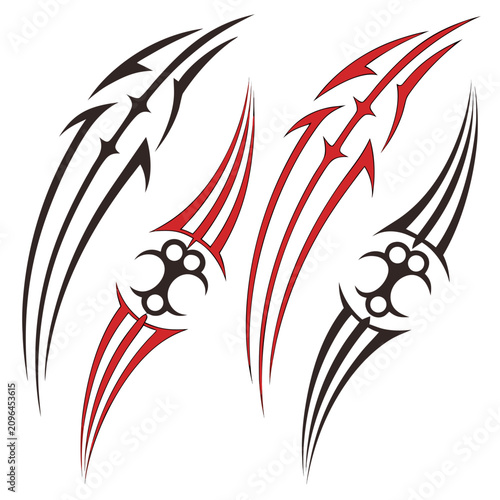 Canvastavla Sharp claw scratch symbols with tribal ornate patterns vector set featuring sleek curved lines and geometric focal points for aggressive cool style sports decals or edgy custom sticker branding work
