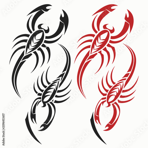 Cuadro en lienzo Tribal scorpion tattoo vector design set featuring black and red silhouettes of arachnids with sharp pincers and curved stingers for car decals vinyl stickers and body art illustrations bundle