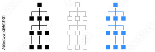 Simple tree diagram hierarchy with black and blue filled nodes isolated on transparent background, Vector