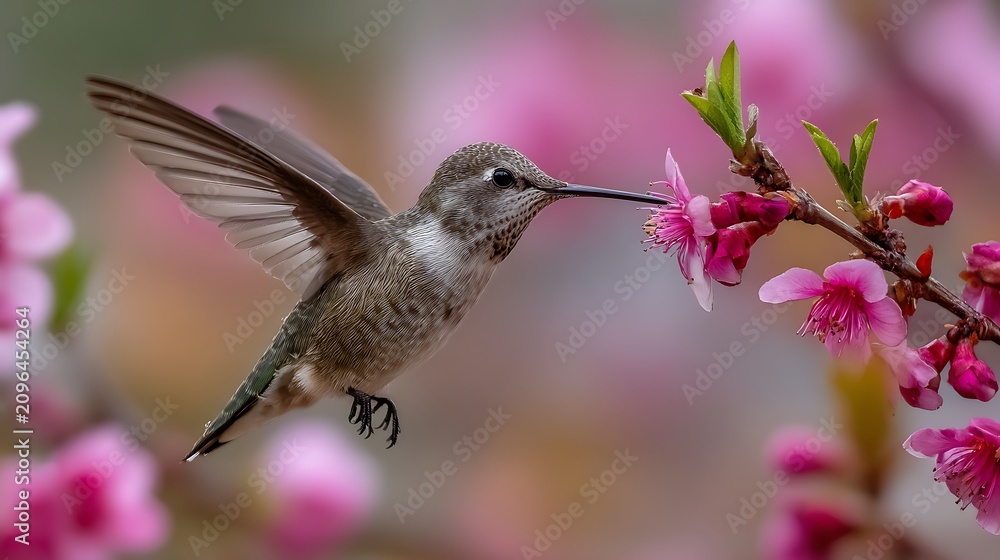 Fototapeta premium Small hummingbird flying and drinking nectar from pink flower blossoms on a spring tree branch in the garden