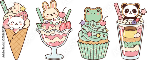 Cute Kawaii Animal Ice Cream Dessert Vector Set with Cat Rabbit Frog Panda Sundae Cupcake Illustration Clipart Collection