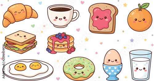 Cute Kawaii Breakfast Food Vector Set with Croissant Coffee Toast Pancakes Donut Egg and Milk Illustration Clipart