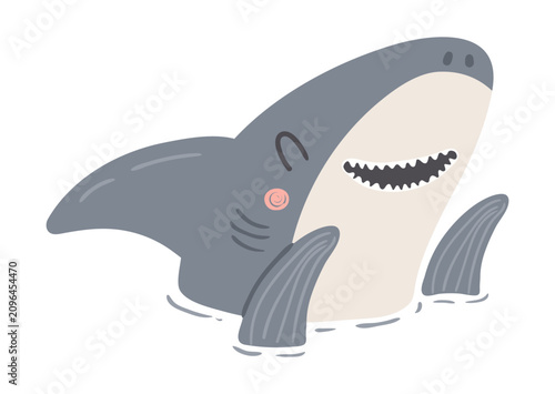 Cute friendly shark head, fins illustration isolated. Kawaii cartoon characte...
