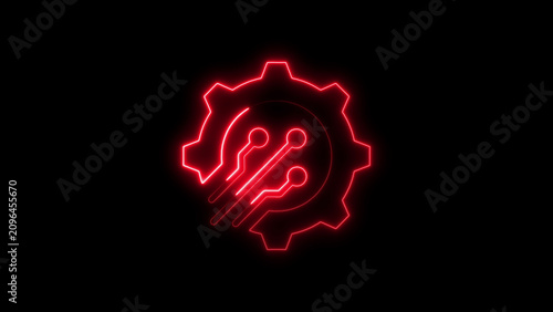 Red neon gear with circuit board on black background technology