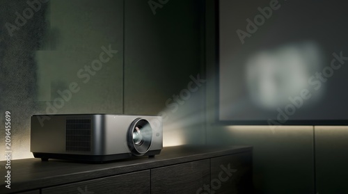 Elegant home cinema with a stylish dark gray projector on a sleek wooden cabinet.