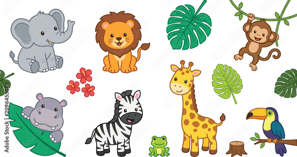 Naklejka premium Cute Safari Jungle Animals Vector Icon Set with Elephant Lion Monkey Giraffe Hippo Zebra Toucan and Tropical Monstera Leaves for Kids Graphic Designs