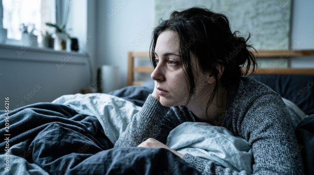 Obraz premium Woman Lost In Thought While Lying In Disorderly Bed Sheets