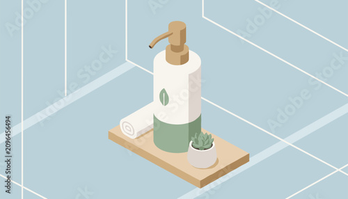 Photos Organic liquid soap pump bottle with a rolled towel and a small succulent plant on a bathroom wooden shelf