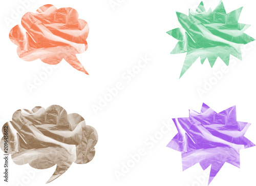 Colorful crumpled plastic bags in speech bubble shapes