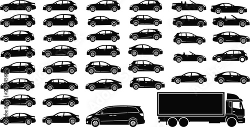 Photos Large Collection of Detailed Black Silhouettes Featuring Various Modern Sedan Ca