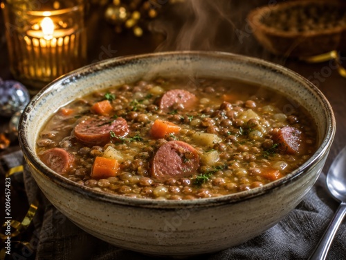 Linsensuppe mit Wurst, Gemüse und kräftiger Brühe in rustikaler Schüssel. Das traditionelle Gericht wird in Deutschland an Silvester gern gegessen und symbolisiert Glück und Wohlstand.