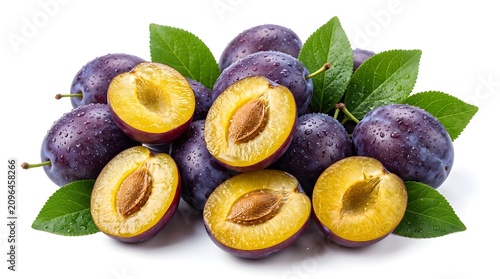 A vibrant bunch of fresh plums and leaves with some cut open showing yellow flesh on a plain surface