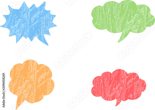 Colorful crayon style speech bubbles on white background