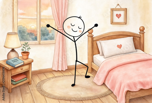 Stick figure stretching arms while standing beside a bed in a sunlit bedroom. Watercolor illustration.
