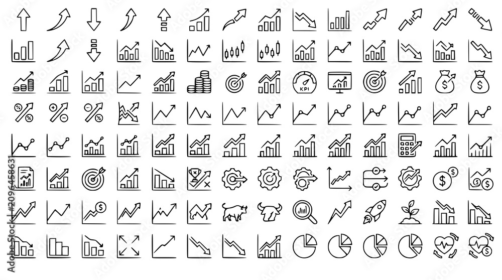 Fototapeta premium : Increase and Decrease Editable Stroke Line Icon Set with Finance Charts Graphs and Business Trend Symbols