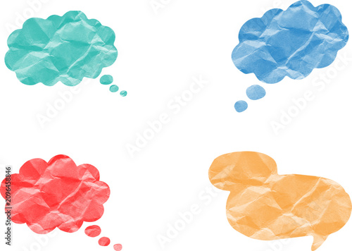 Colorful crumpled speech bubbles on white background