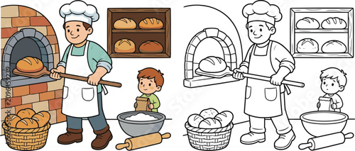 Fotografie baker removing fresh bread from the oven community helper lifestyle cartoon clip