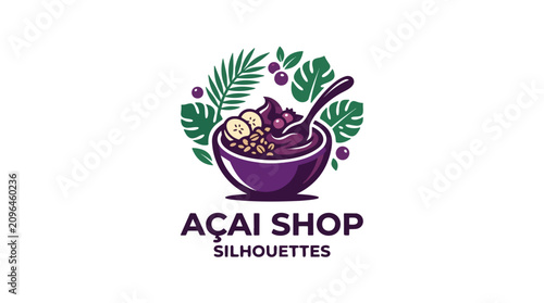 A vibrant purple and green logo features a delicious acai bowl brimming with fruit and granola, surrounded by lush tropical leaves, for a healthy shop.