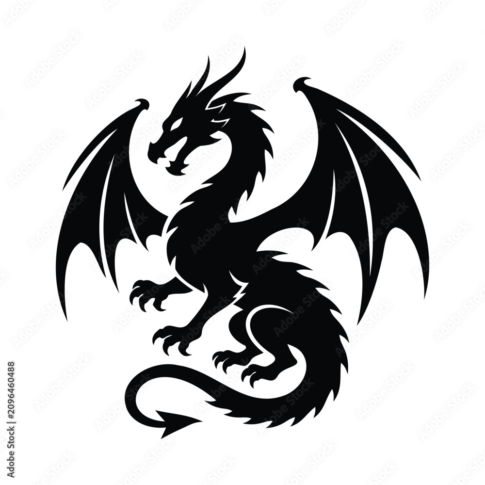 Fototapeta premium Dragon silhouettes, black dragon silhouette vector, sitting dragon silhouette, dragon crest wings set, fantasy dragon silhouette symbol