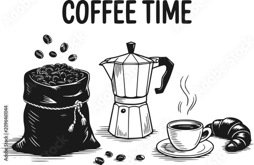 Canvastavla 豆の袋、モカポット、熱いコーヒー、クロワッサンを特徴とするコーヒータイムの手描きイラスト