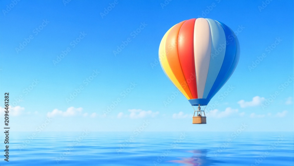 Fototapeta premium A hot air balloon with bright colors goes up in the sky above the water. The day is sunny and the ocean looks still. Clouds dot the blue sky around the balloon.