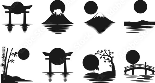 Fotografía 富士山、鳥居、竹、伝統的な橋を特徴とするミニマリストな日本風景のセット