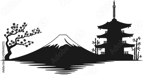 Cuadro en lienzo 白背景にある伝統的な日本の五重塔と桜の木を伴う富士山のシルエット
