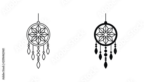 Fotografie Dreamcatcher vector icon isolated on white Black and white outline line art and