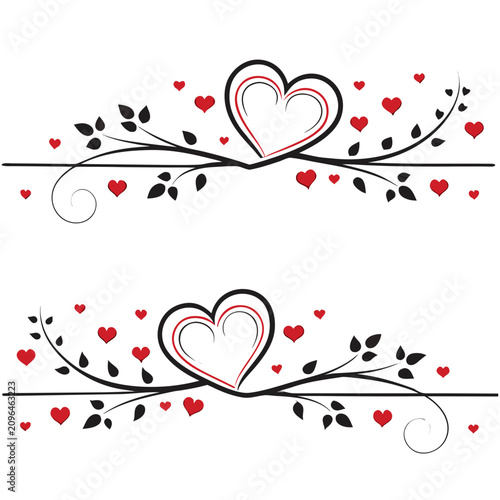 Canvastavla Valentine's day decorative vector design elements with black branches, leaves, and red hearts with two intertwined black and red hearts in the center, perfect for cards