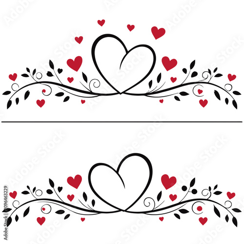 Quadro su tela Valentine's day decorative vector design elements with black branches, leaves, and red hearts with a single black outlined heart in the center, perfect for cards