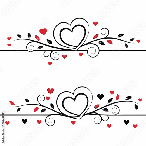 Quadro su tela Valentine's day decorative vector design elements with black branches, leaves, and red hearts with two intertwined black hearts in the center, perfect for cards