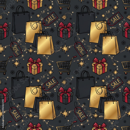 Shopping pattern with gift boxes, bags, and sale tags on dark background  