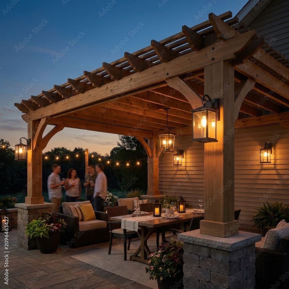 Obraz premium Luxury timber home with a warmly lit outdoor patio at dusk. Cozy architecture, evening entertaining, premium real estate, modern living, backyard comfort.