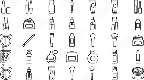 Cosmetic and skincare beauty product icon set featuring makeup lipstick mascara dropper bottle cream tube and brushes vector line art